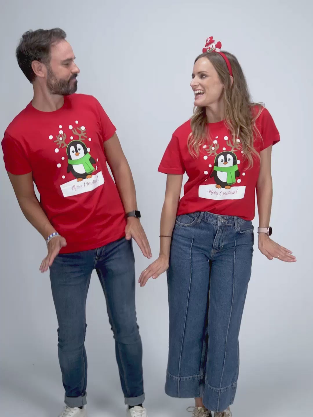 Czerwona Koszulka Świąteczna Unisex z Pingwinem
