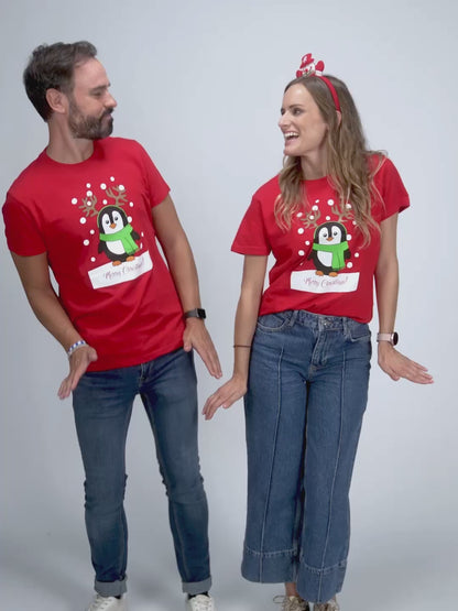 Czerwona Koszulka Świąteczna Unisex z Pingwinem