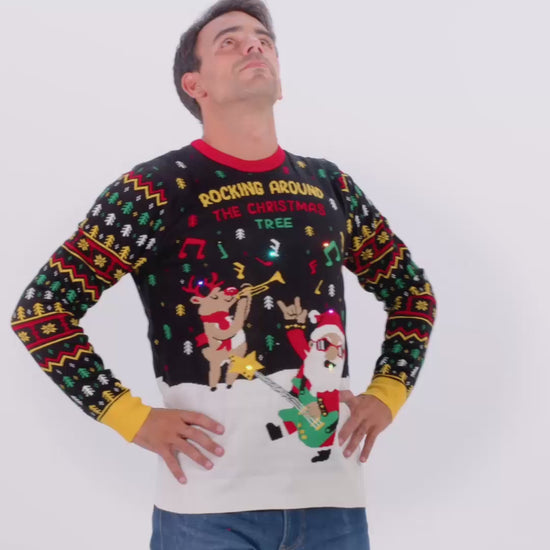 Sweter Świąteczny Męskie Damskie z Lampkami LED z Świętym Mikołajem Rocker