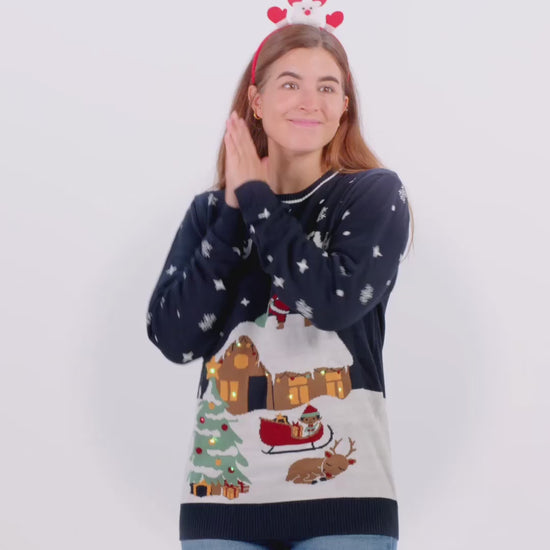 Niebieski Sweter Świąteczny Męskie damskie z Lampkami LED Merry Christmas