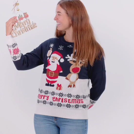 Niebieski Sweter Świąteczny Damskie Meskie z Bawełny Organicznej ze ŚW Mikołaj i Rudolfem
