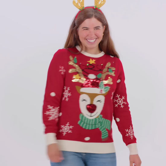 Sweter Świąteczny Damskie Męskie z Lampkami LED Błyszczący Renifer z Cekinami