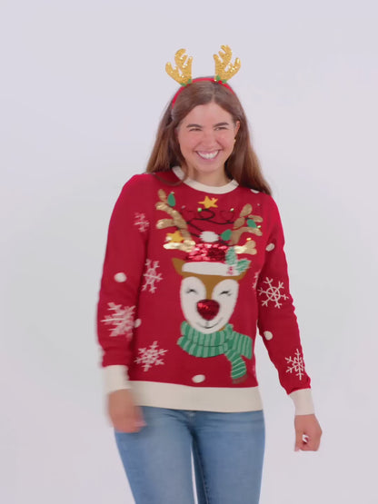 Sweter Świąteczny Damskie Męskie z Lampkami LED Błyszczący Renifer z Cekinami