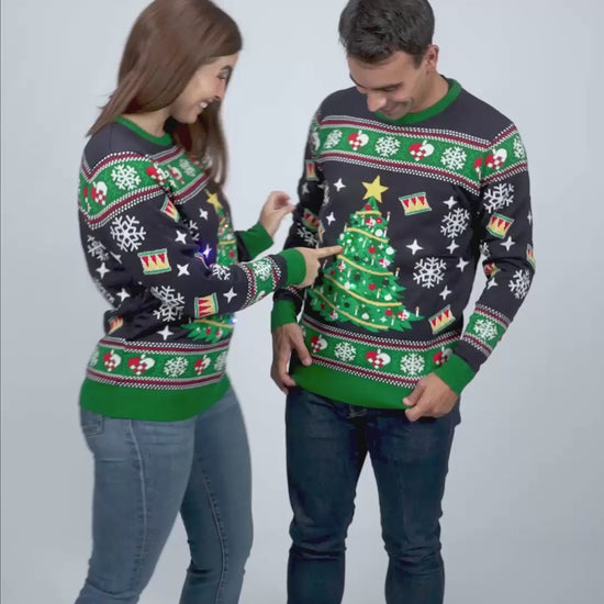 Niebieski Sweter Świąteczny Kobieta i Mężczyzna z Lampkami LED z Choinką
