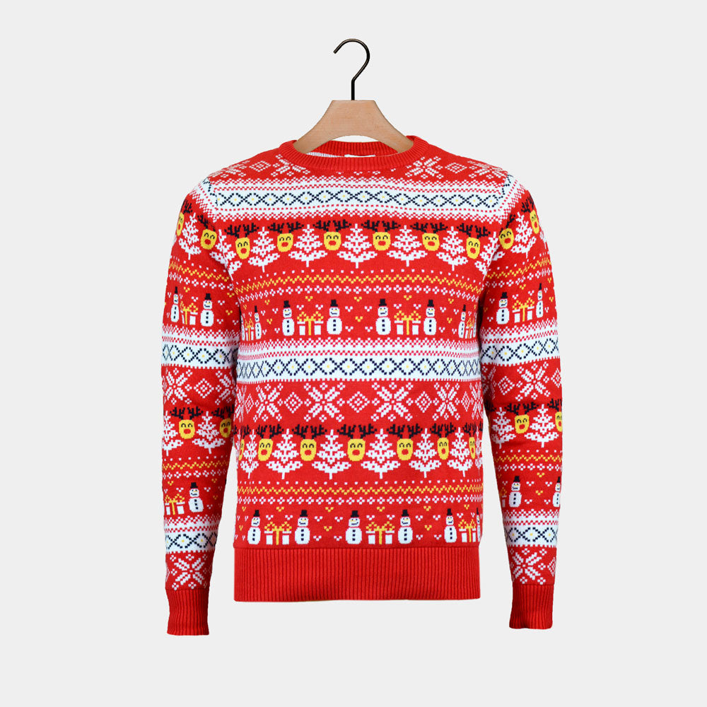 Rodzinny Sweter Świąteczny Bawełny Organicznej Czerwony Bałwankiem Choinkami

