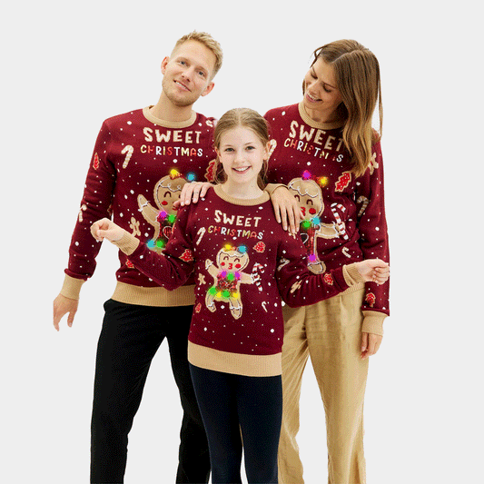 Rodzinny Sweter Świąteczny z Lampkami LED Czerwony Ginger Cookie
