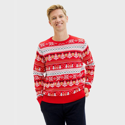 Sweter Świąteczny Męskie Bawełny Organicznej Czerwony Bałwankiem Choinkami

