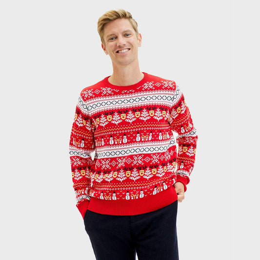 Sweter Świąteczny Męskie Bawełny Organicznej Czerwony Bałwankiem Choinkami
