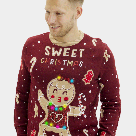 Sweter Świąteczny Czerwony Męskie Lampkami LED Ginger Cookie
