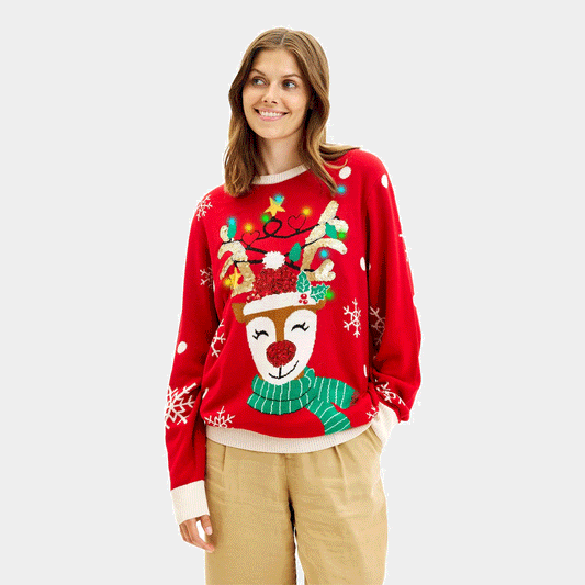 Sweter Świąteczny Damskie Z Lampkami LED Błyszczący Renifer Z Cekinami
