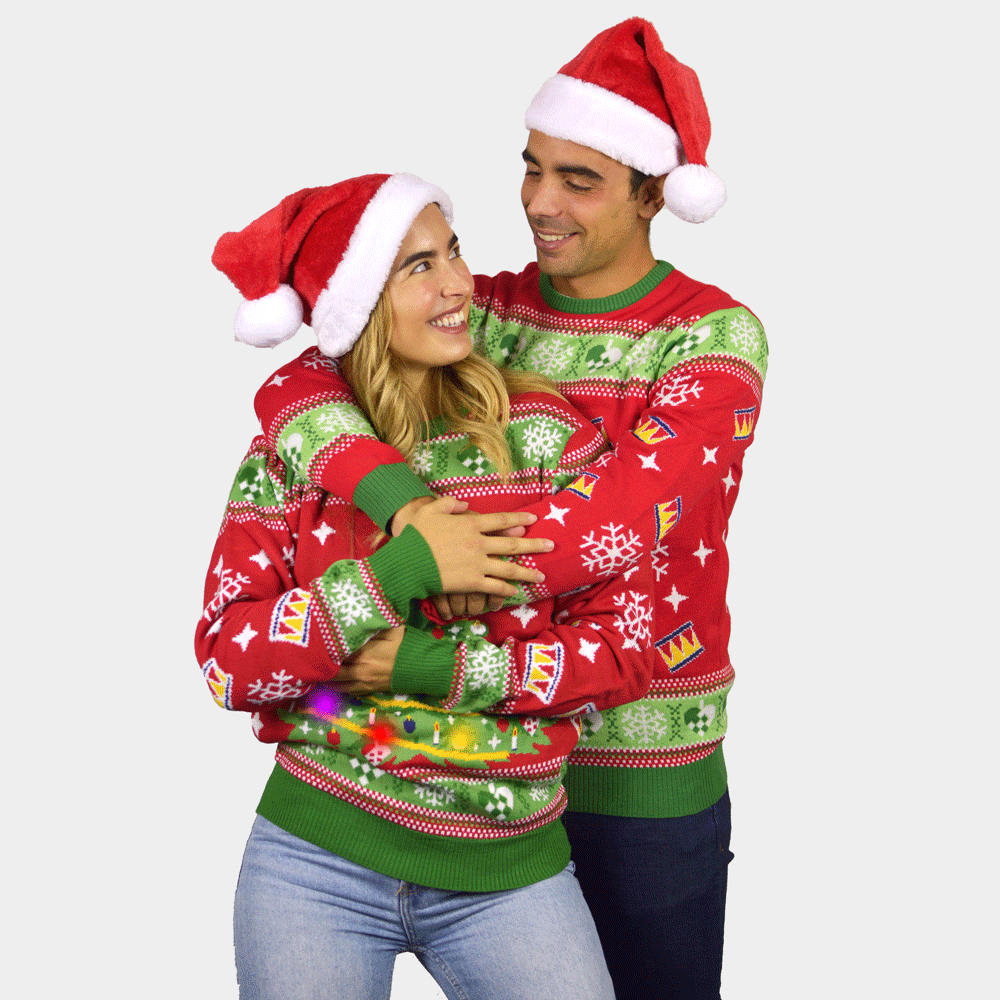 Sweter Świąteczny Męskie z Lampkami LED Czerwony Damskie Choinką
