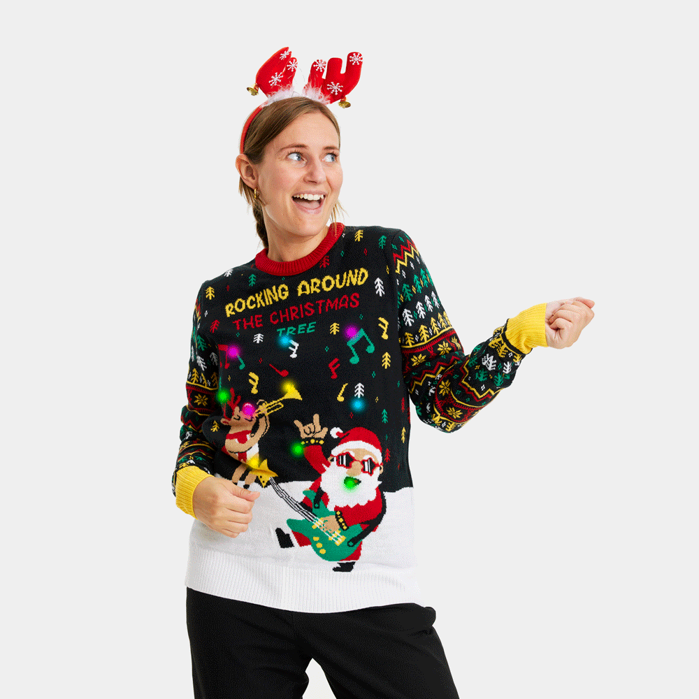 Sweter Świąteczny Męskie Lampkami LED Świętym Damskie Mikołajem Rocker

