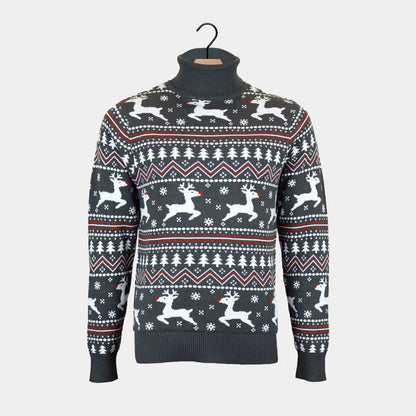 Sweter Świąteczny Męskie reniferem Bawełny Organicznej Szary golfem  

