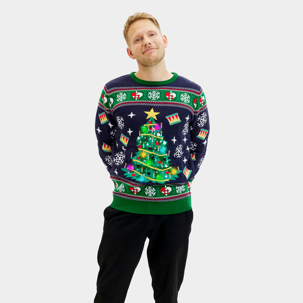 Sweter Świąteczny Niebieski Męskie z Lampkami LED z Choinką
