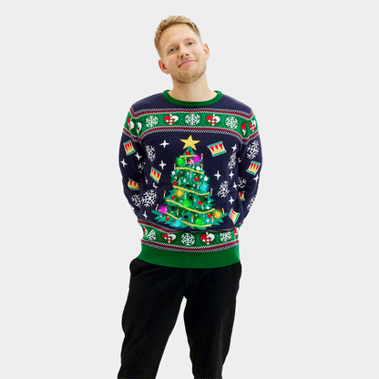 Sweter Świąteczny Niebieski Męskie z Lampkami LED z Choinką
