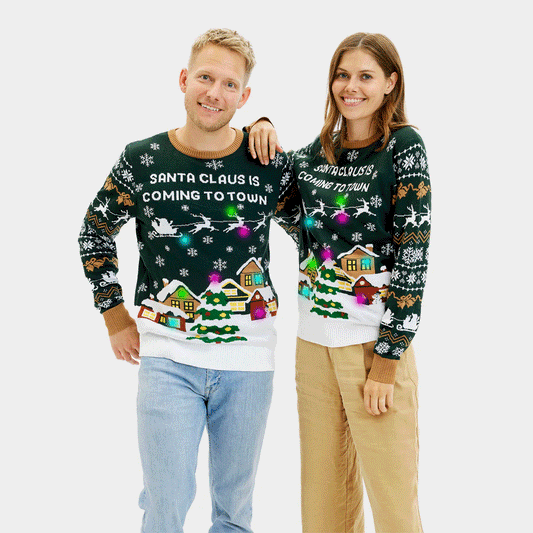 Sweter Świąteczny dla Par Z Lampkami LED Santa is Coming to Town
