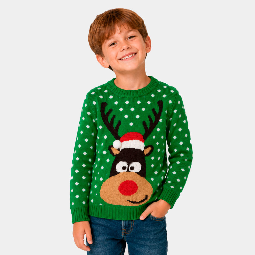 Zielony Rodzinny Sweter Świąteczny z Rudolf 3D Czerwononosy Renifer 
