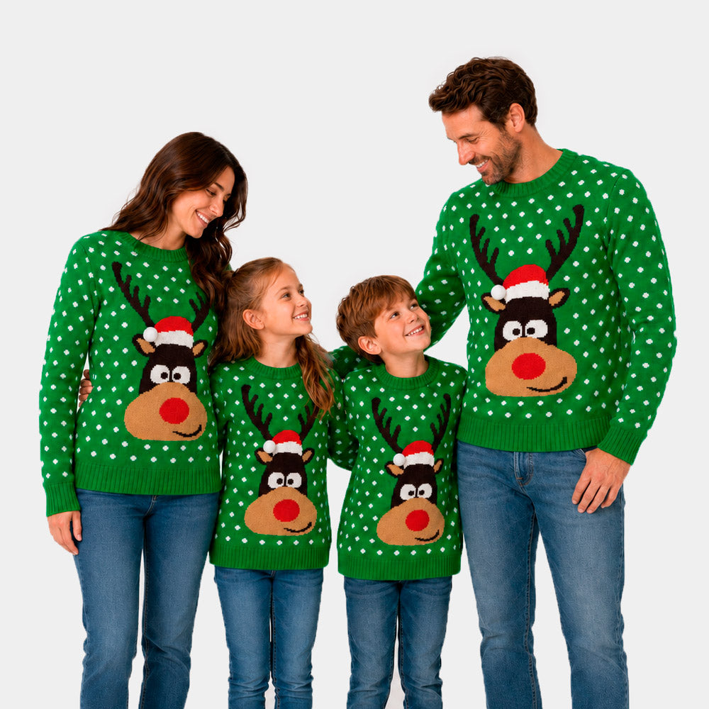 Zielony Rodzinny Sweter Świąteczny z Rudolf Czerwononosy Renifer 3D
