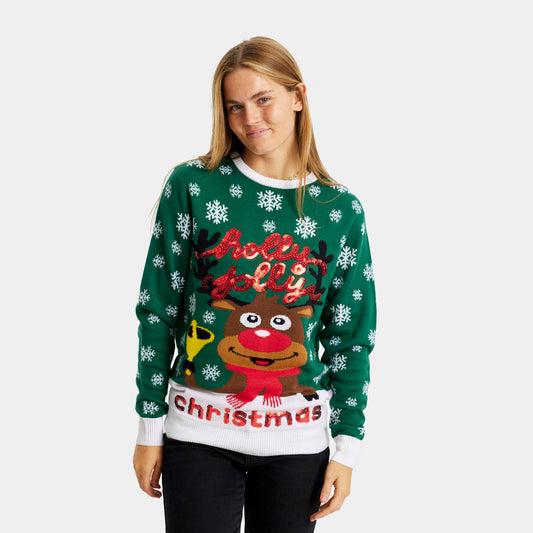 Zielony Sweter Świąteczny Damskie Holly Jolly Cekiny
