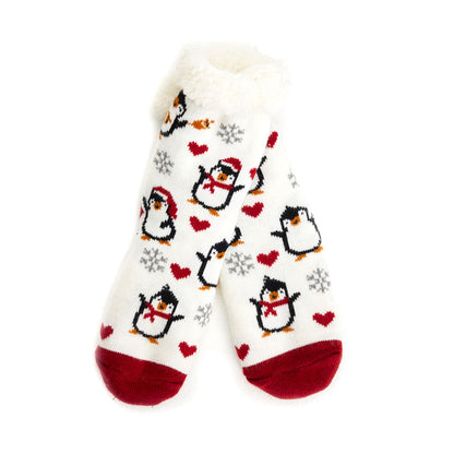 Białe Skarpetki Świąteczne z gumową podeszwą z Pingwinami i Sercami
