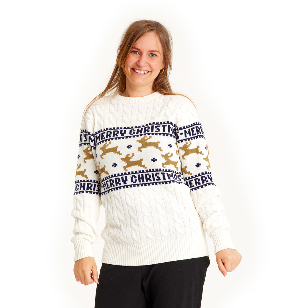 Biały Rodzinny Sweter Świąteczny Bawełny Organicznej Elegancki z ReniferamiSzczegół Damskie