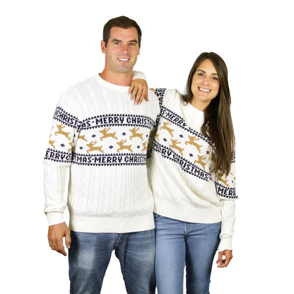 Pary Biały Rodzinny Sweter Świąteczny Bawełny Organicznej Elegancki z Reniferami