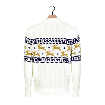 Biały Sweter Świąteczny Bawełny Organicznej Elegancki z Reniferami z powrotem