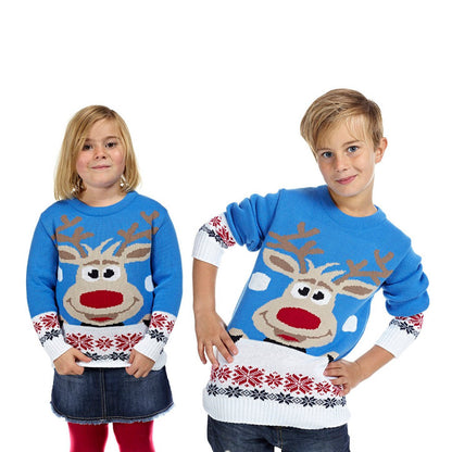 Błękit Rodzinny Sweter Świąteczny z Reniferem i Śnieg Dzieci