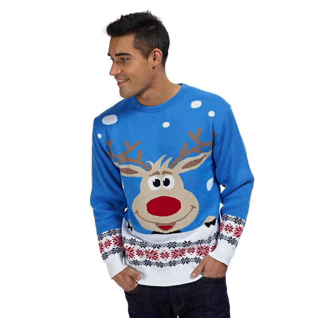 Błękit Rodzinny Sweter Świąteczny z Reniferem i Śnieg Meskie