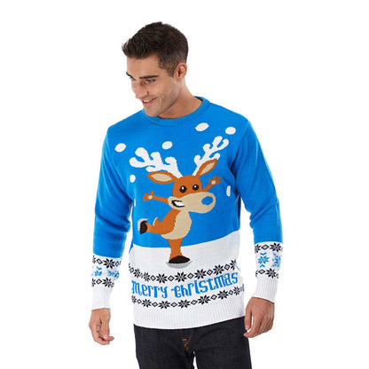 Błękit Sweter Świąteczny z Reniferem łyżwiarstwo meskie