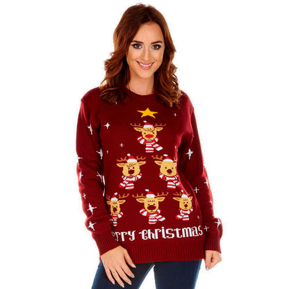 Bordowy Sweter Świąteczny z Choinką i Gwiazda damskie