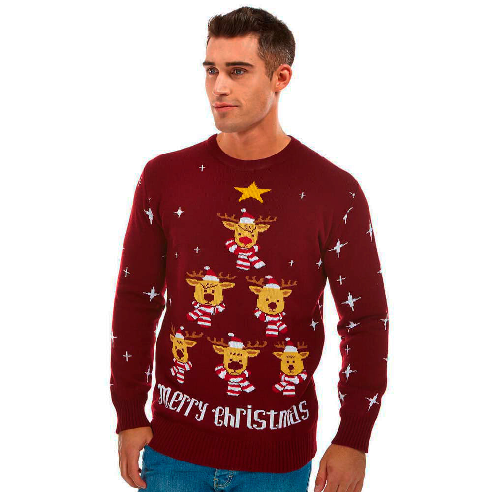 Bordowy Sweter Świąteczny z Choinką i Gwiazda meskie