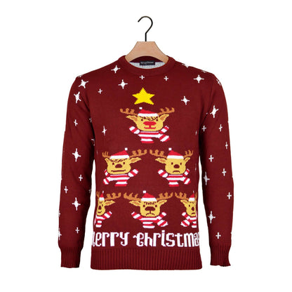 Bordowy Sweter Świąteczny z Choinką i Gwiazda