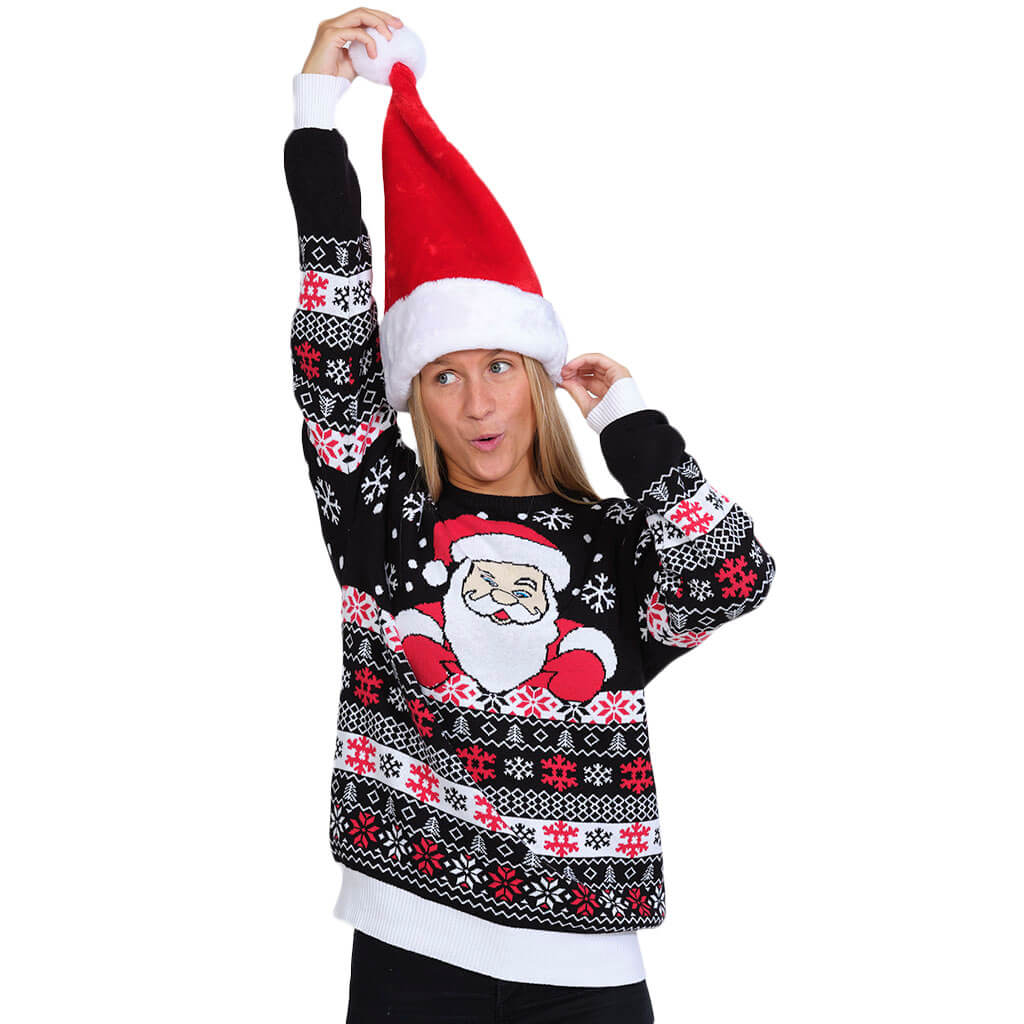 Czarny Sweter Świąteczny z Bawełny Organicznej z ŚW Mikołajem damskie