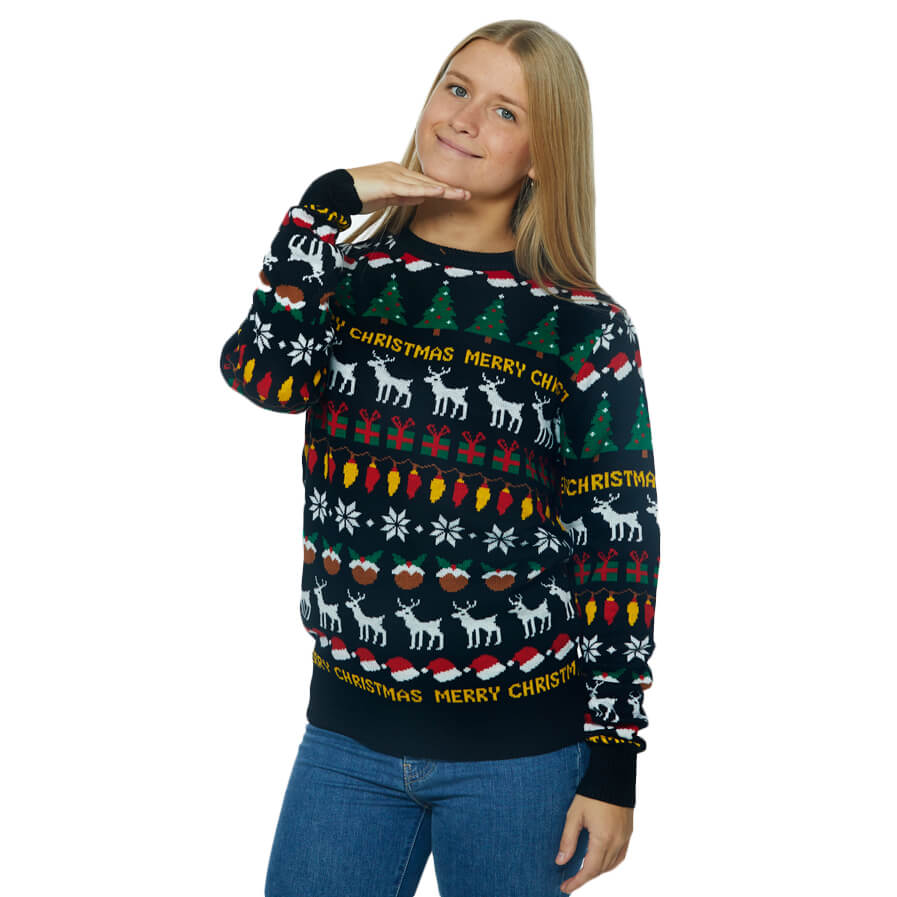Czarny Sweter Świąteczny z Choinkami, Reniferami i Prezentami damskie