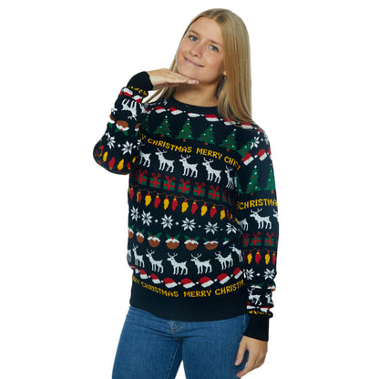 Czarny Sweter Świąteczny z Choinkami, Reniferami i Prezentami damskie