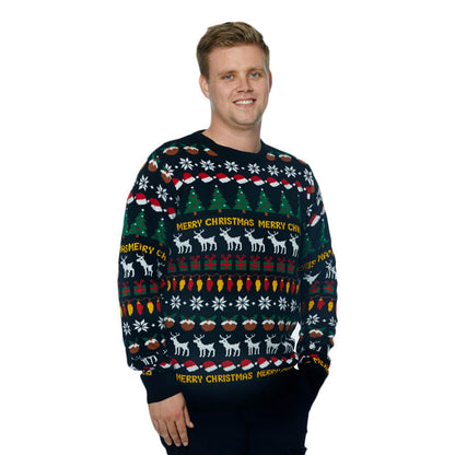 Czarny Sweter Świąteczny z Choinkami, Reniferami i Prezentami meskie