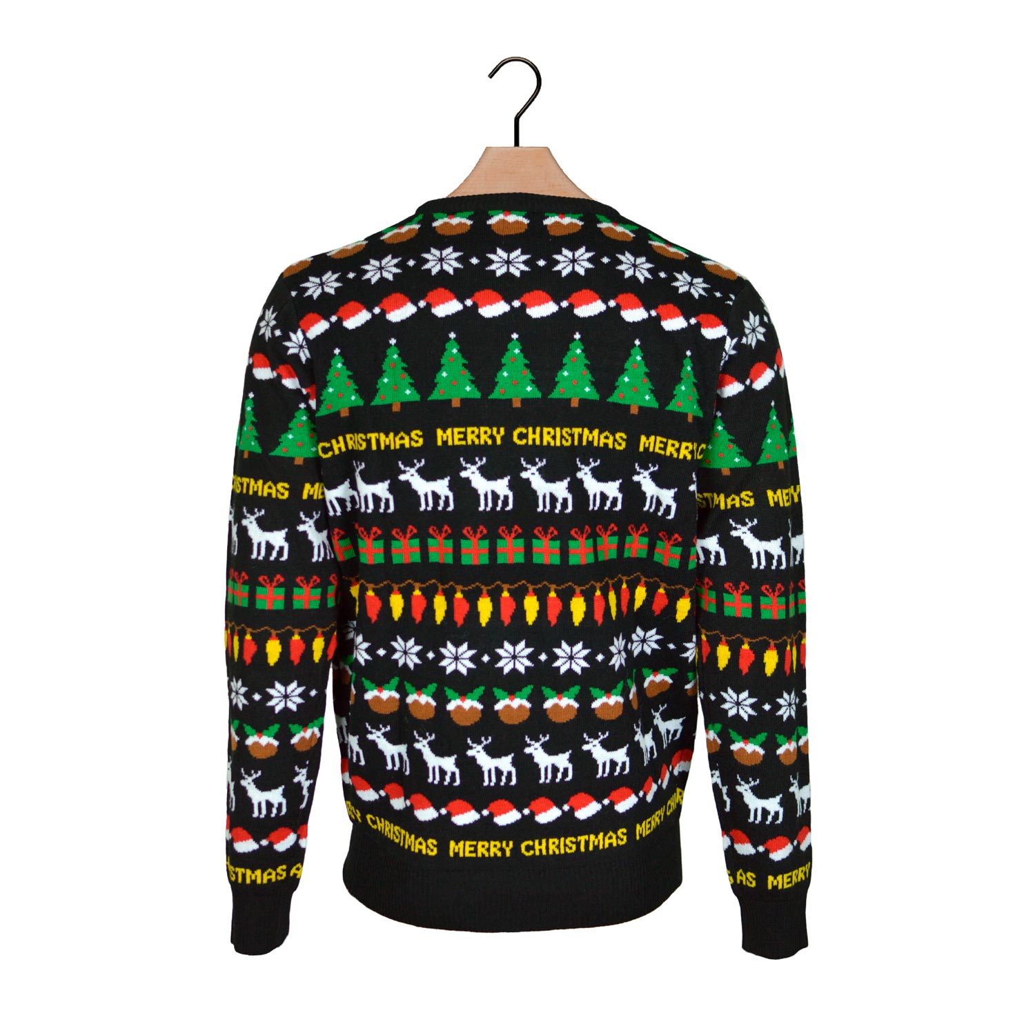Czarny Sweter Świąteczny z Choinkami, Reniferami i Prezentami z Powrotem