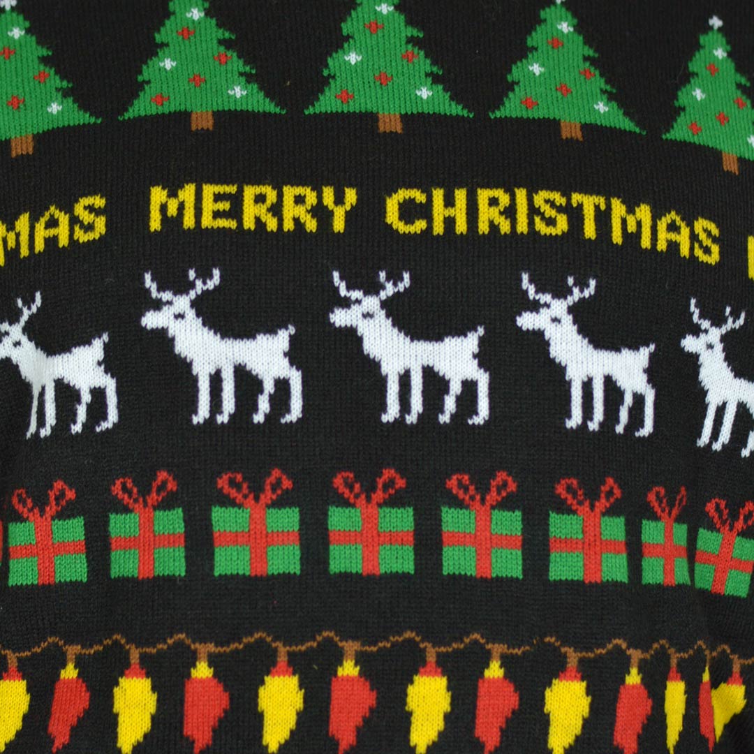 Czarny Sweter Świąteczny z Choinkami, Reniferami i Prezentami Szczegół 