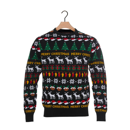 Czarny Sweter Świąteczny z Choinkami, Reniferami i Prezentami