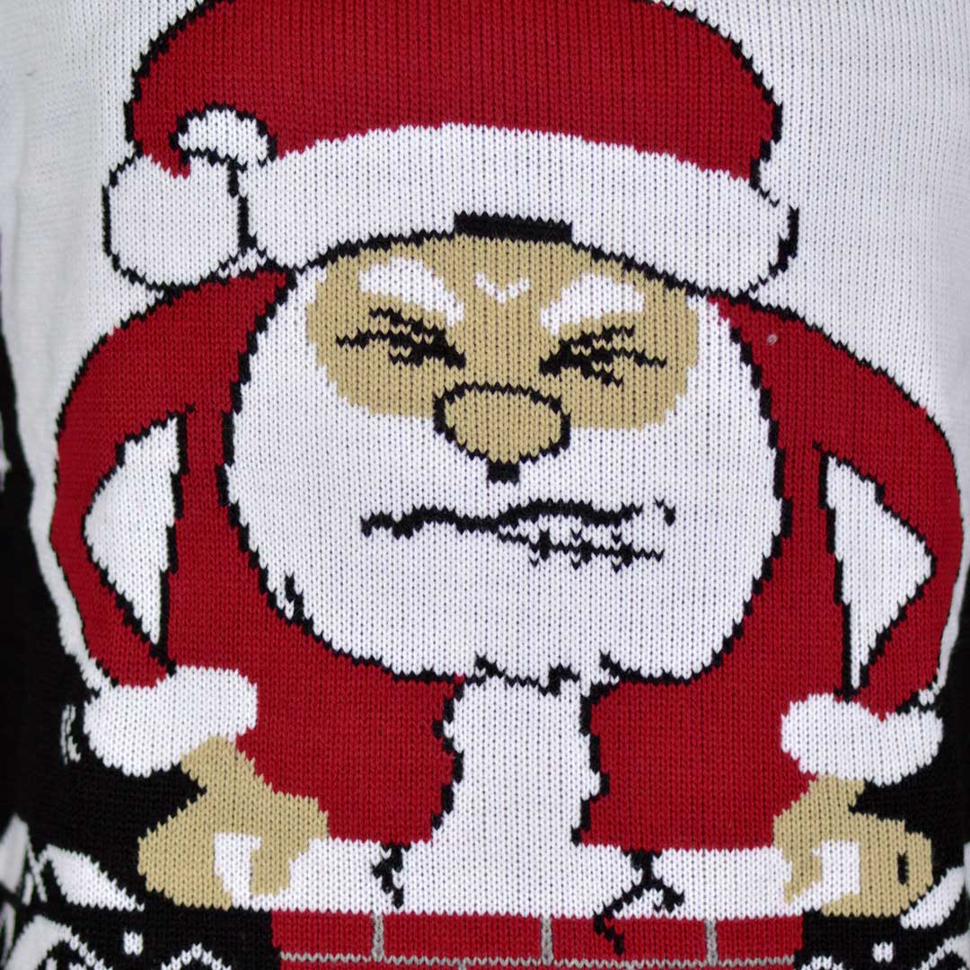 Czarny Sweter Świąteczny z Świętym Mikołajem w Kominie Szczegol