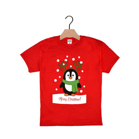 Czerwona Koszulka Świąteczna dla dzieci z Pingwinem