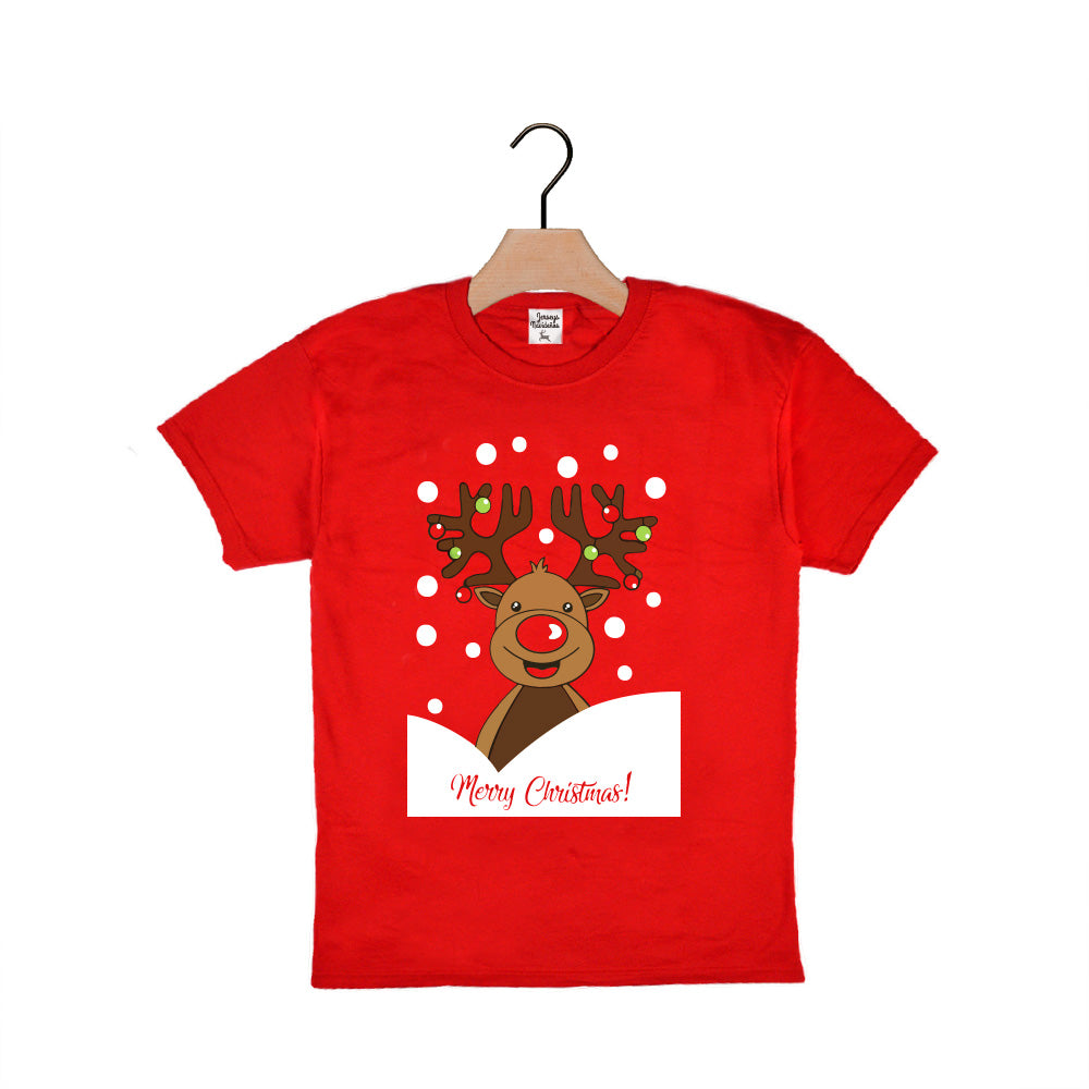 Czerwona Koszulka Świąteczna dla dzieci z Reniferem Rudolfem