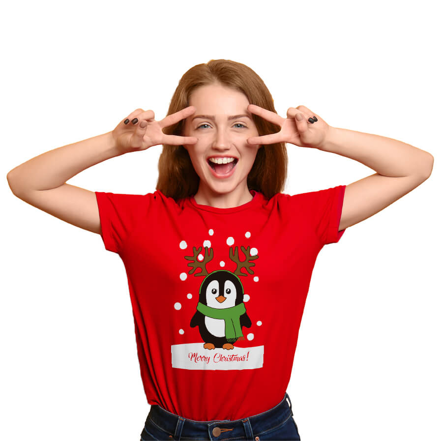 Czerwona Koszulka Świąteczna Unisex z Pingwinem damskie