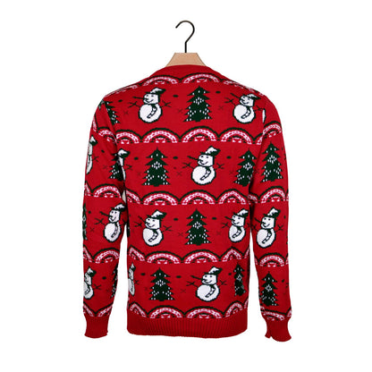 Czerwony Sweter Świąteczny z Choinkami i Bałwankiem powrotem