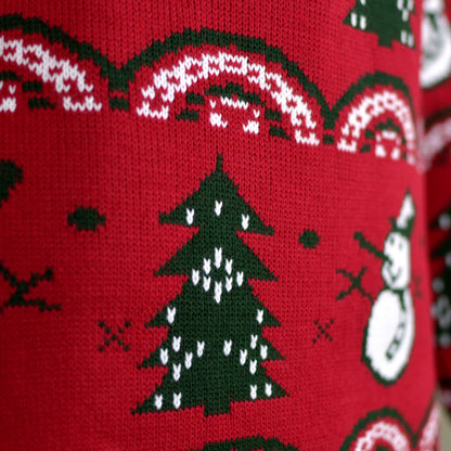 Czerwony Sweter Świąteczny z Choinkami i Bałwankiem Szczegol