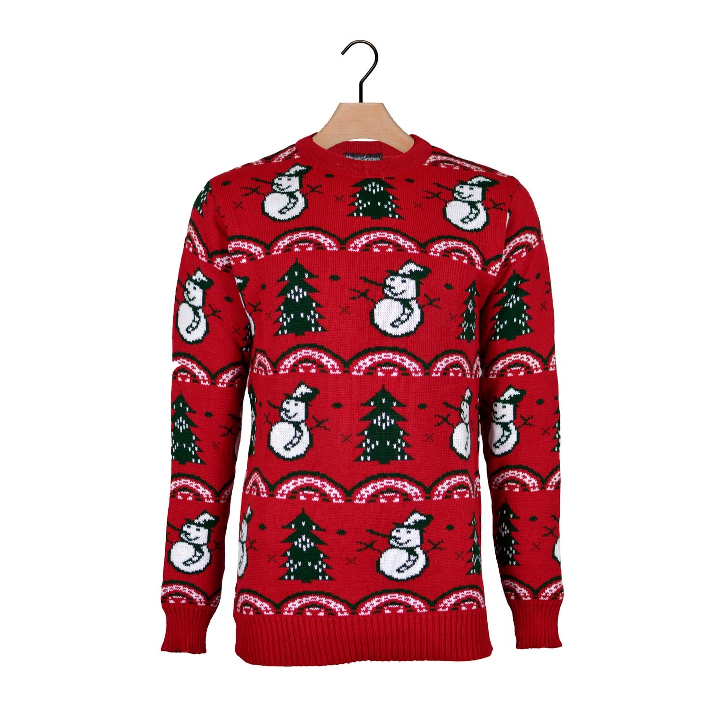 Czerwony Sweter Świąteczny z Choinkami i Bałwankiem
