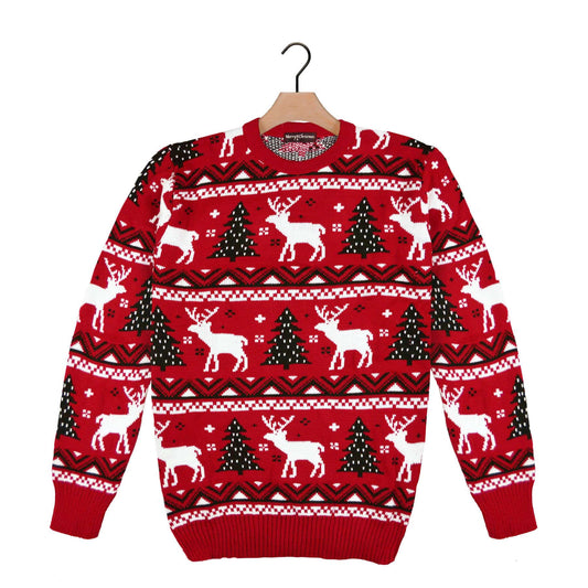 Czerwony Sweter Świąteczny z Choinkami i Reniferami 2021