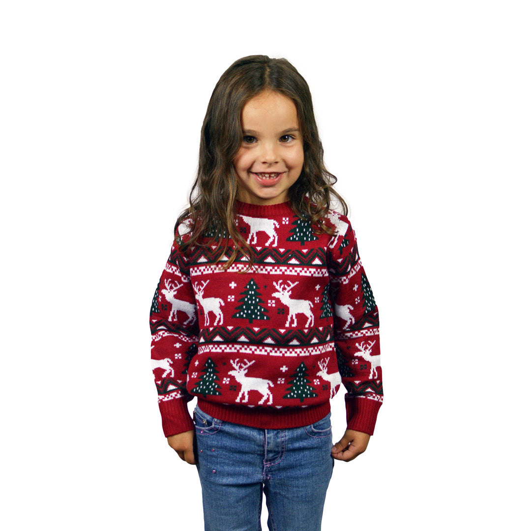 Czerwony Sweter Świąteczny dla Dzieci z Choinkami i Reniferami