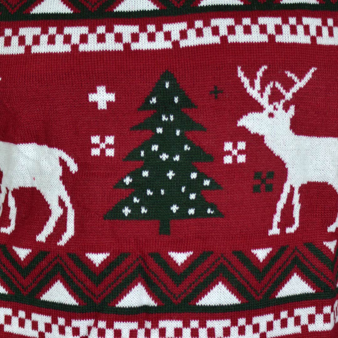 Czerwony Sweter Świąteczny z Choinkami i Reniferami Szczegół